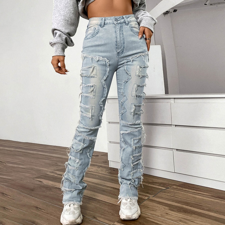 stacked denim jeans