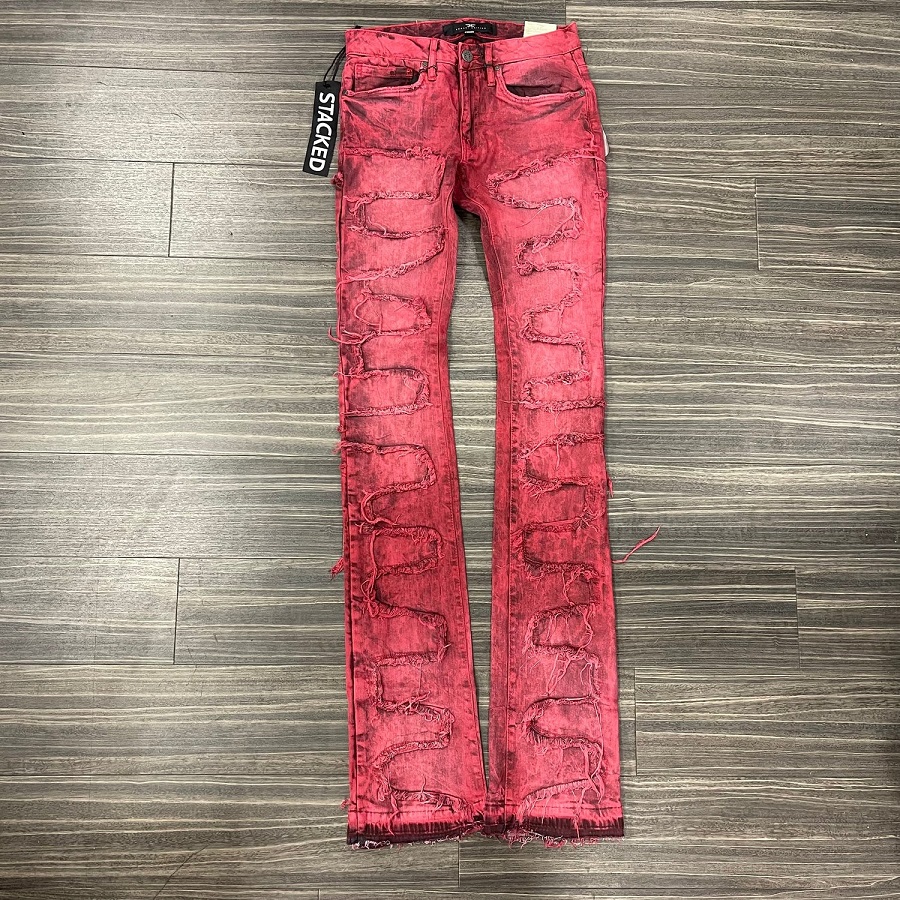 Red stacked jeans